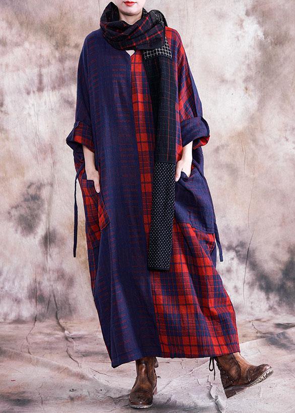 Simple v neck tie waist linen cotton dress linen red plaid Dresses fall - Image 2