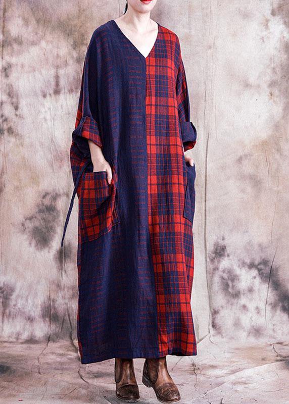 Simple v neck tie waist linen cotton dress linen red plaid Dresses fall - Image 3
