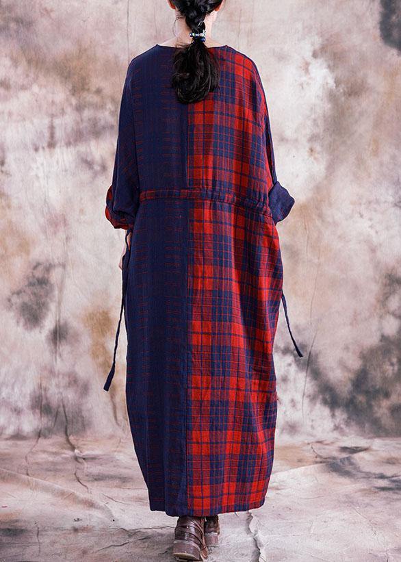 Simple v neck tie waist linen cotton dress linen red plaid Dresses fall - Image 4