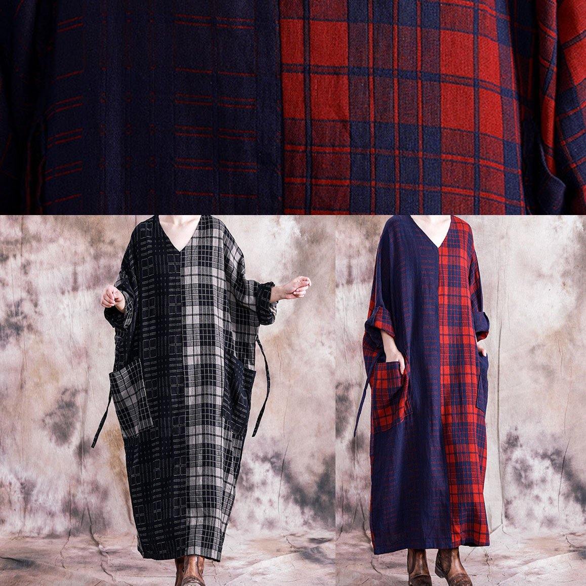 Simple v neck tie waist linen cotton dress linen red plaid Dresses fall - Image 5