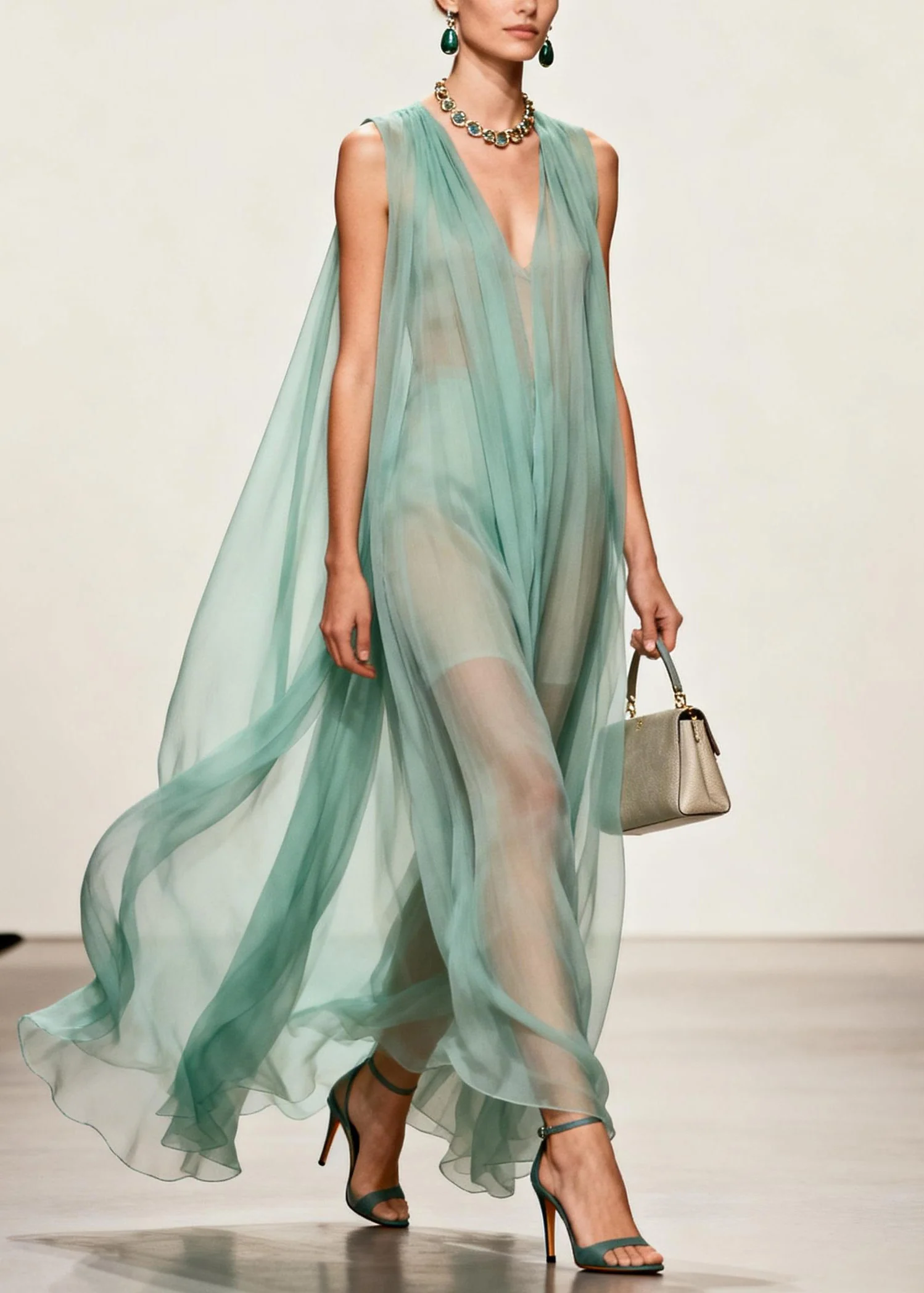 Simple V Neck Wrinkled Chiffon Long Dress Sleeveless - Image 3