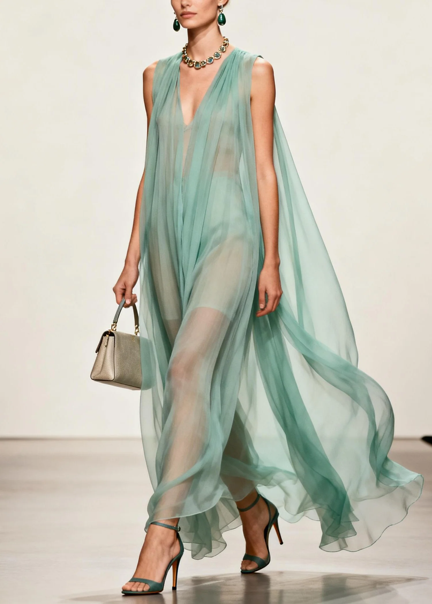 Simple V Neck Wrinkled Chiffon Long Dress Sleeveless - Image 5