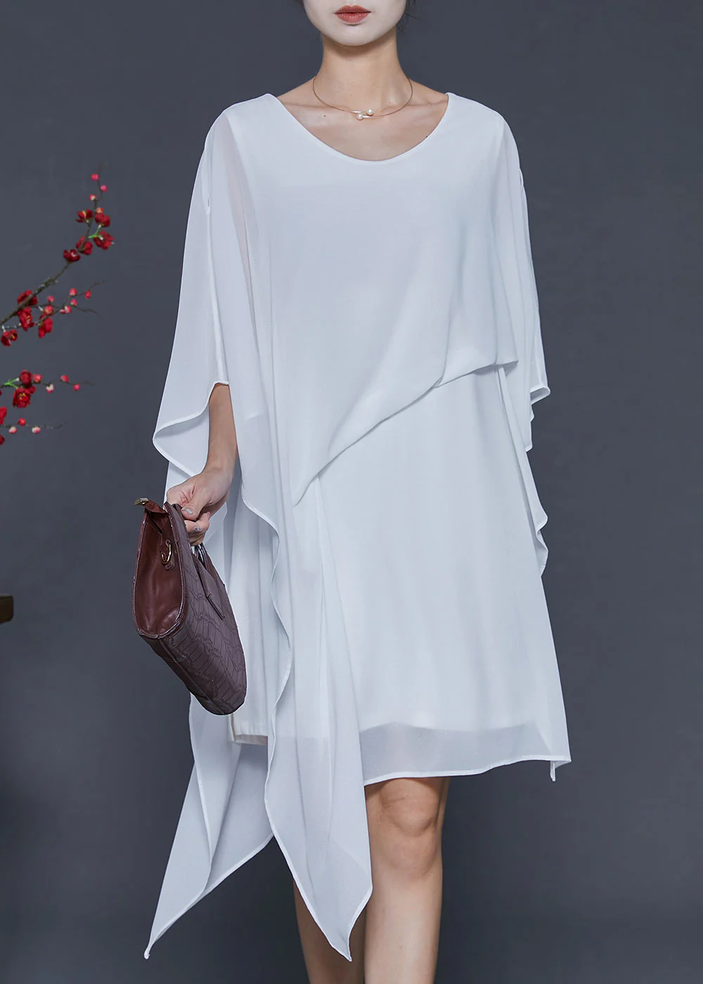 Simple White Asymmetrical Design Chiffon Mid Dress Summer - Image 2
