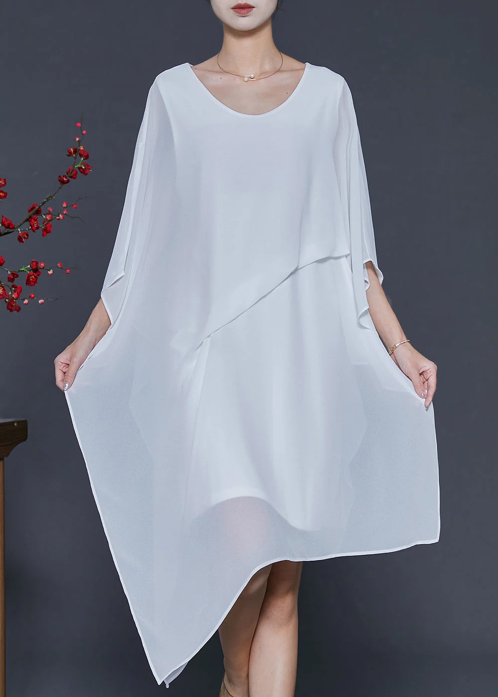 Simple White Asymmetrical Design Chiffon Mid Dress Summer - Image 3