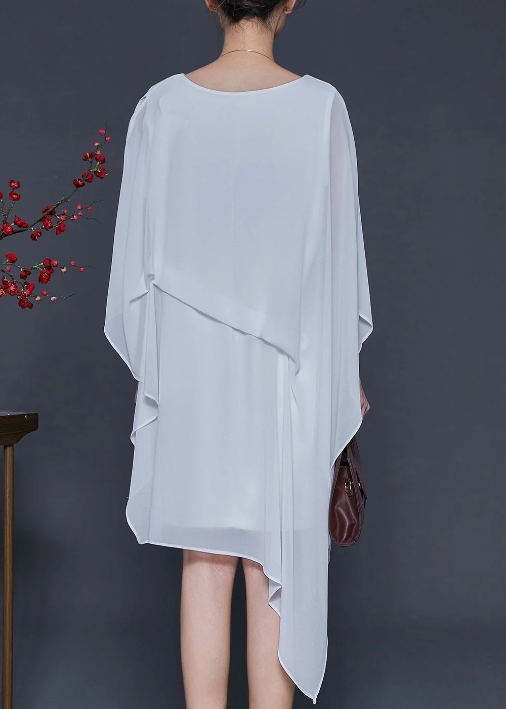 Simple White Asymmetrical Design Chiffon Mid Dress Summer - Image 4