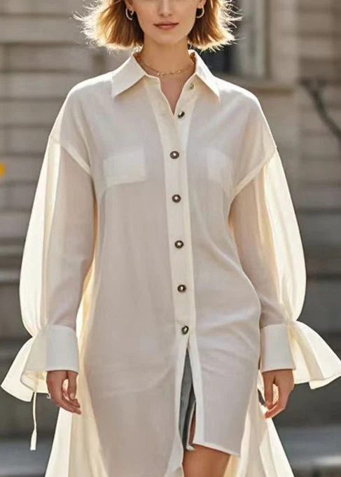 Simple White Asymmetrical Design Cotton Shirt Dress Flare Sleeve - Image 2