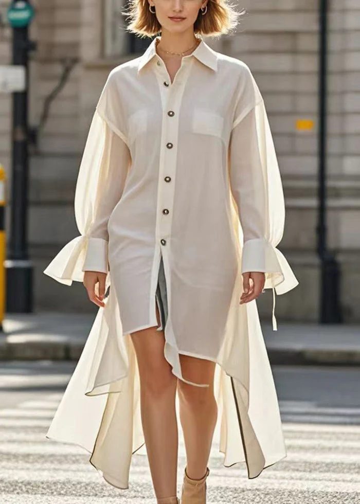 Simple White Asymmetrical Design Cotton Shirt Dress Flare Sleeve - Image 3