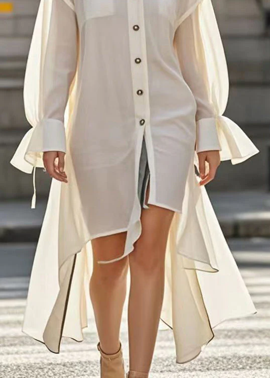 Simple White Asymmetrical Design Cotton Shirt Dress Flare Sleeve - Image 4