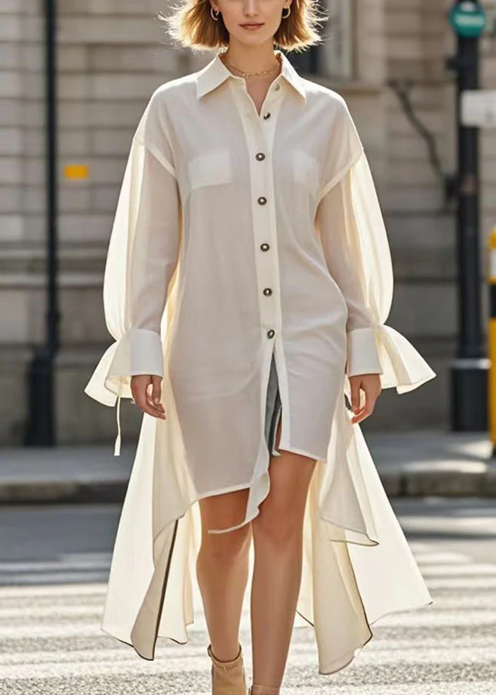 Simple White Asymmetrical Design Cotton Shirt Dress Flare Sleeve - Image 5