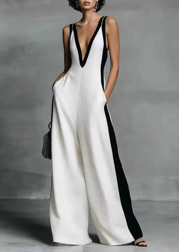 Simple White Deep-V Neck Striped Cotton Jumpsuits Summer - Image 4