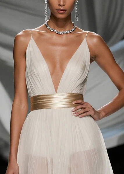 Simple White Deep-V Neck Tulle Tunic Beach Dress Summer - Image 2