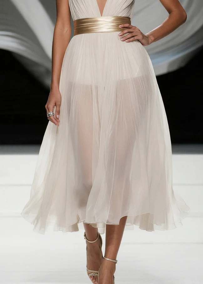 Simple White Deep-V Neck Tulle Tunic Beach Dress Summer - Image 4