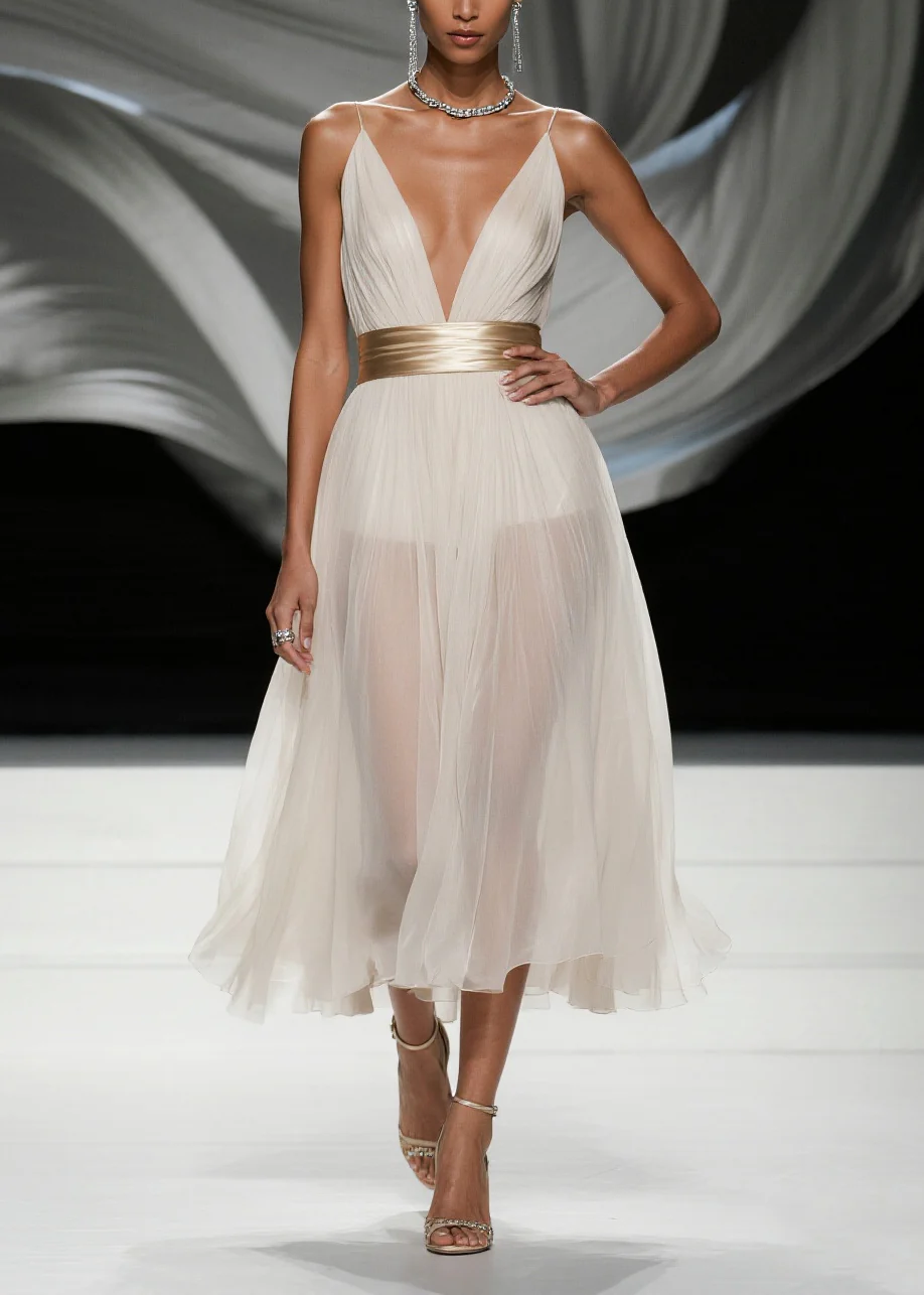 Simple White Deep-V Neck Tulle Tunic Beach Dress Summer - Image 5