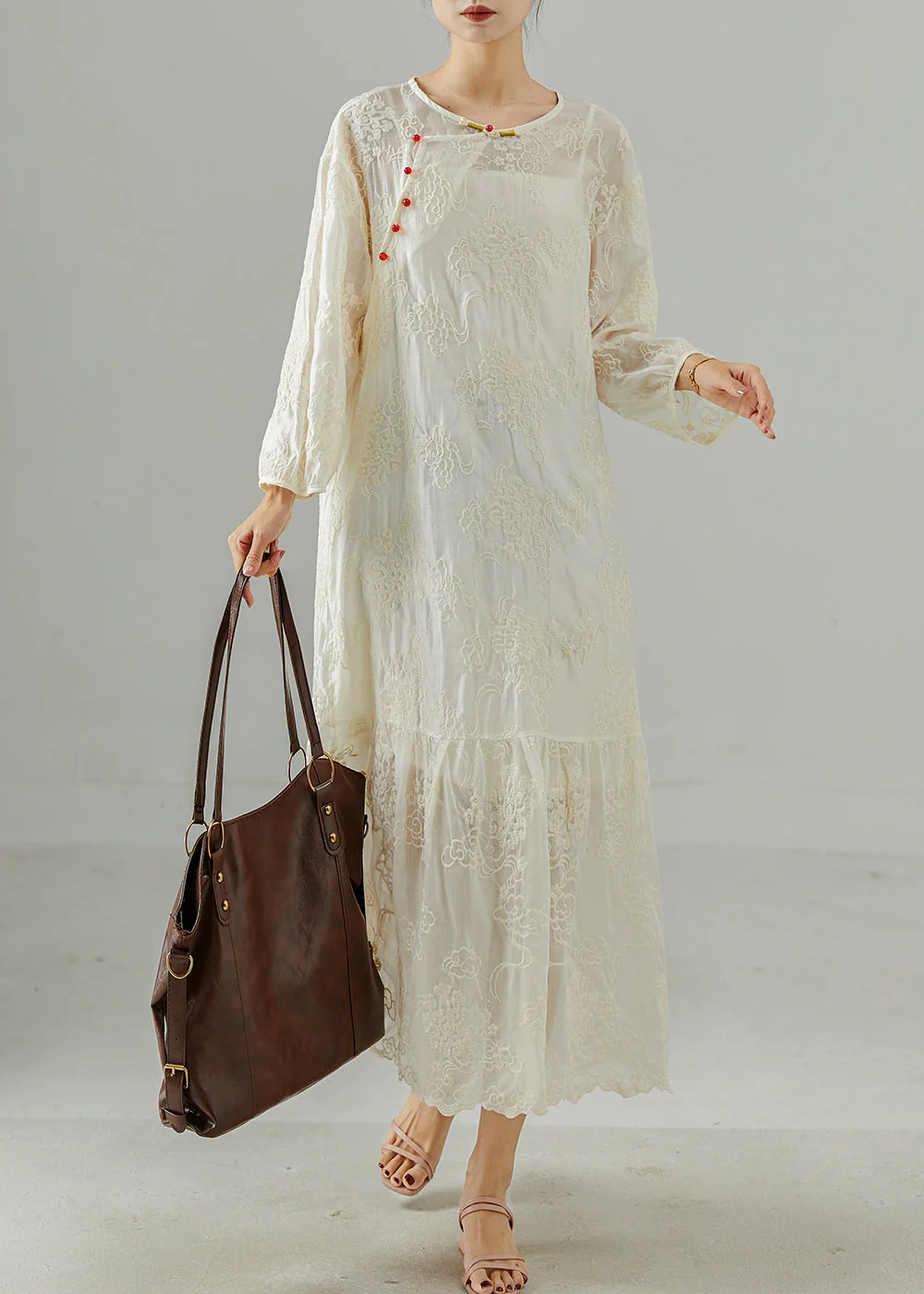 Simple White Embroidered Chinese Button Cotton Dress Summer - Image 2