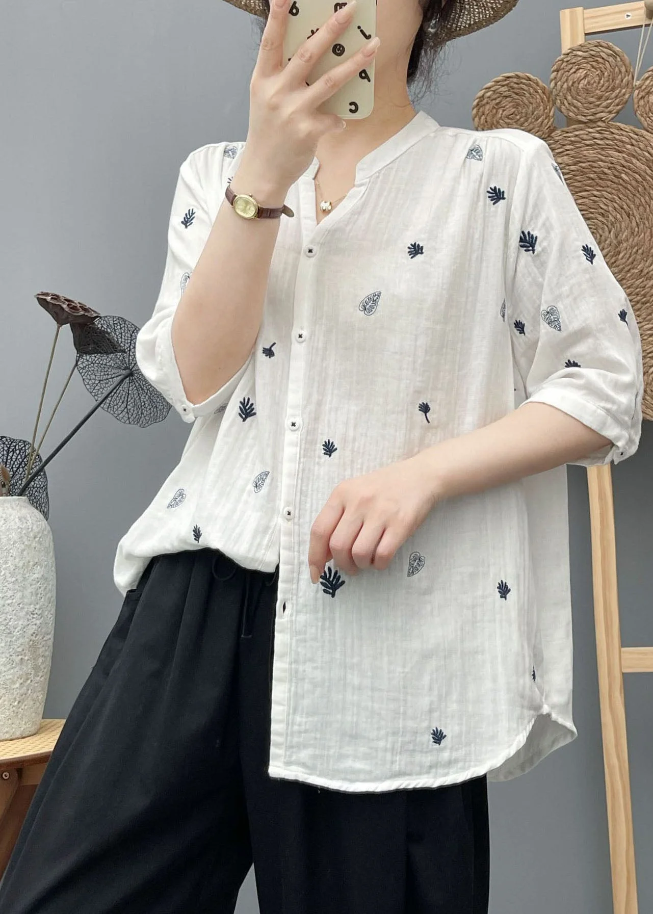 Simple White Embroidered Cotton Top Half Sleeve - Image 3