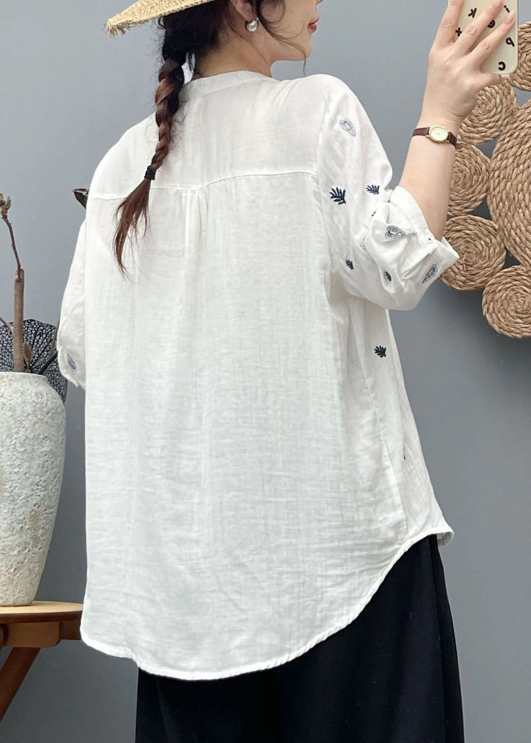 Simple White Embroidered Cotton Top Half Sleeve - Image 4