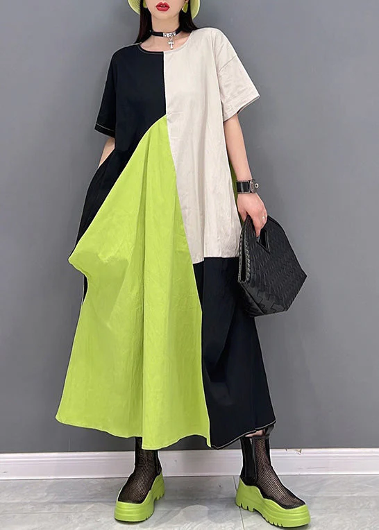 Simple White Green O-Neck Patchwork Long Dresses Short Sleeve - Image 2