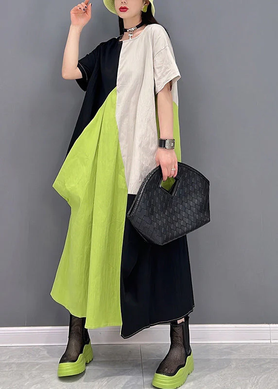 Simple White Green O-Neck Patchwork Long Dresses Short Sleeve - Image 3
