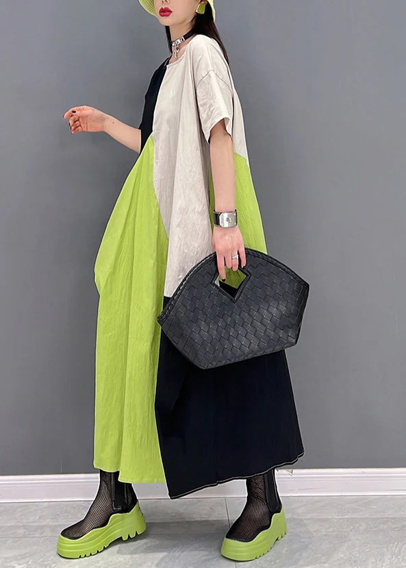 Simple White Green O-Neck Patchwork Long Dresses Short Sleeve - Image 4