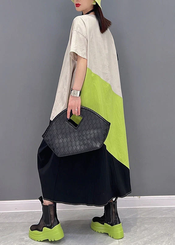 Simple White Green O-Neck Patchwork Long Dresses Short Sleeve - Image 5