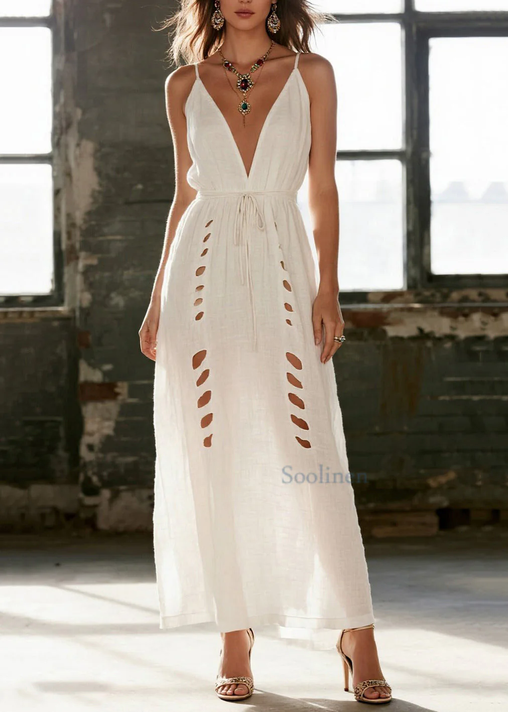Simple White Hollow Out Cotton Cami Dress Summer - Image 3