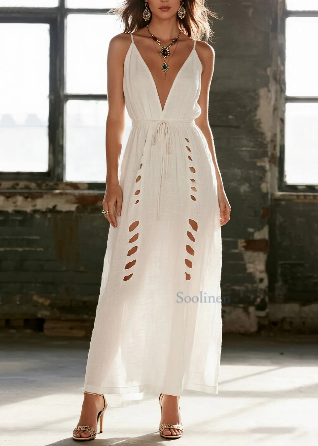 Simple White Hollow Out Cotton Cami Dress Summer - Image 5