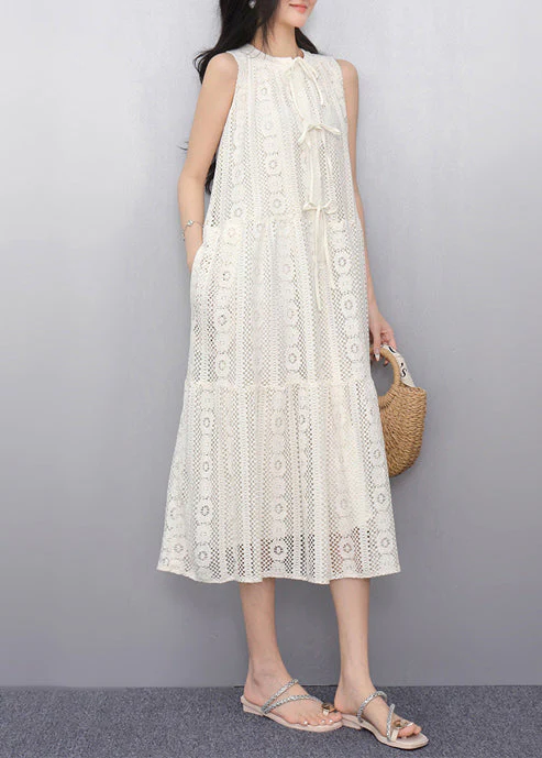 Simple White Hollow Out Tulle A Line Dress Sleeveless - Image 2