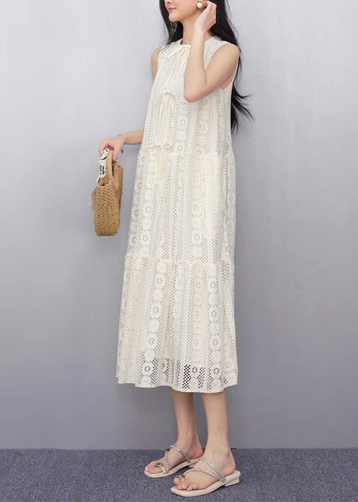 Simple White Hollow Out Tulle A Line Dress Sleeveless - Image 3