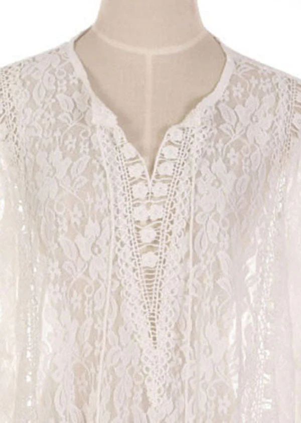 Simple White Long sleeve Lace Hollow Out Summer Shift Dresses - Image 5