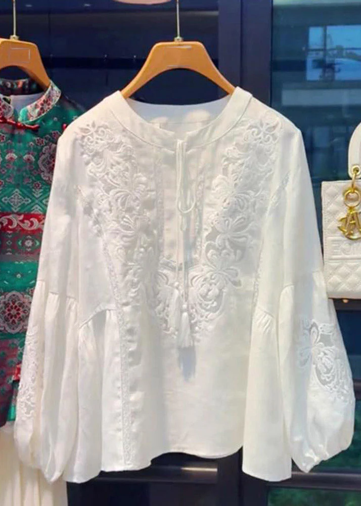 Simple White O-Neck Embroidered Top Lantern Sleeve - Image 2