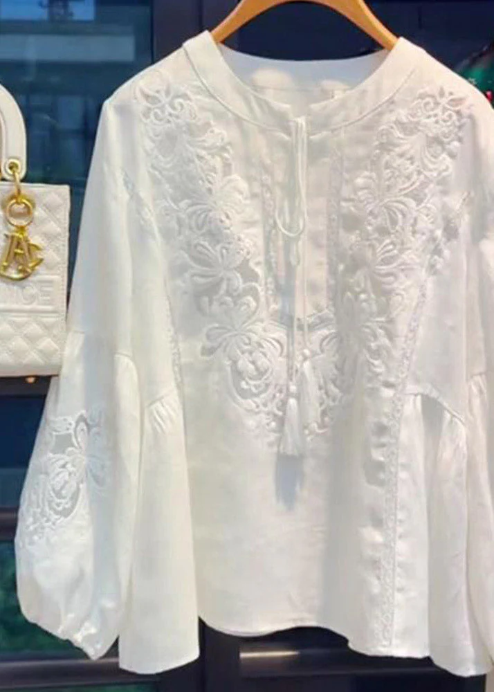Simple White O-Neck Embroidered Top Lantern Sleeve - Image 3