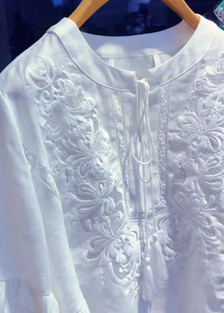 Simple White O-Neck Embroidered Top Lantern Sleeve - Image 4