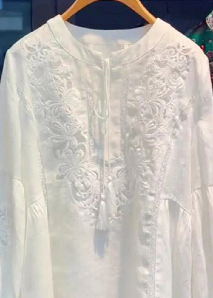 Simple White O-Neck Embroidered Top Lantern Sleeve - Image 5
