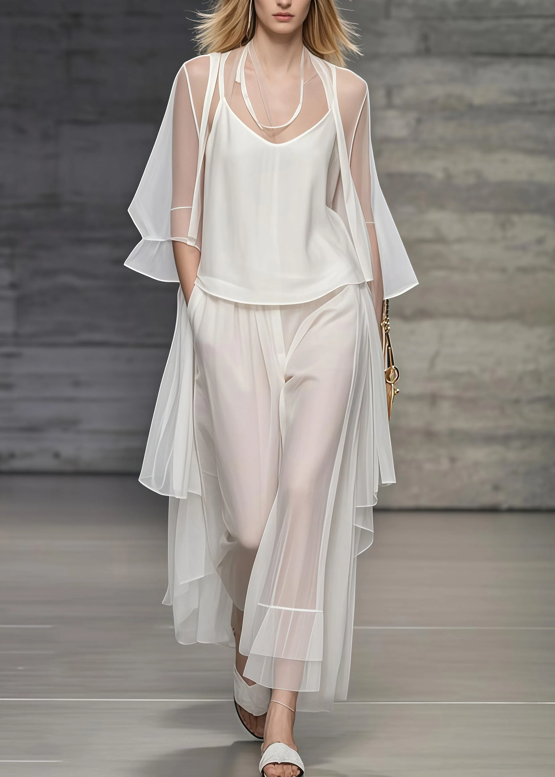 Simple White Oversized Draping Tulle Two Pieces Set Summer - Image 3