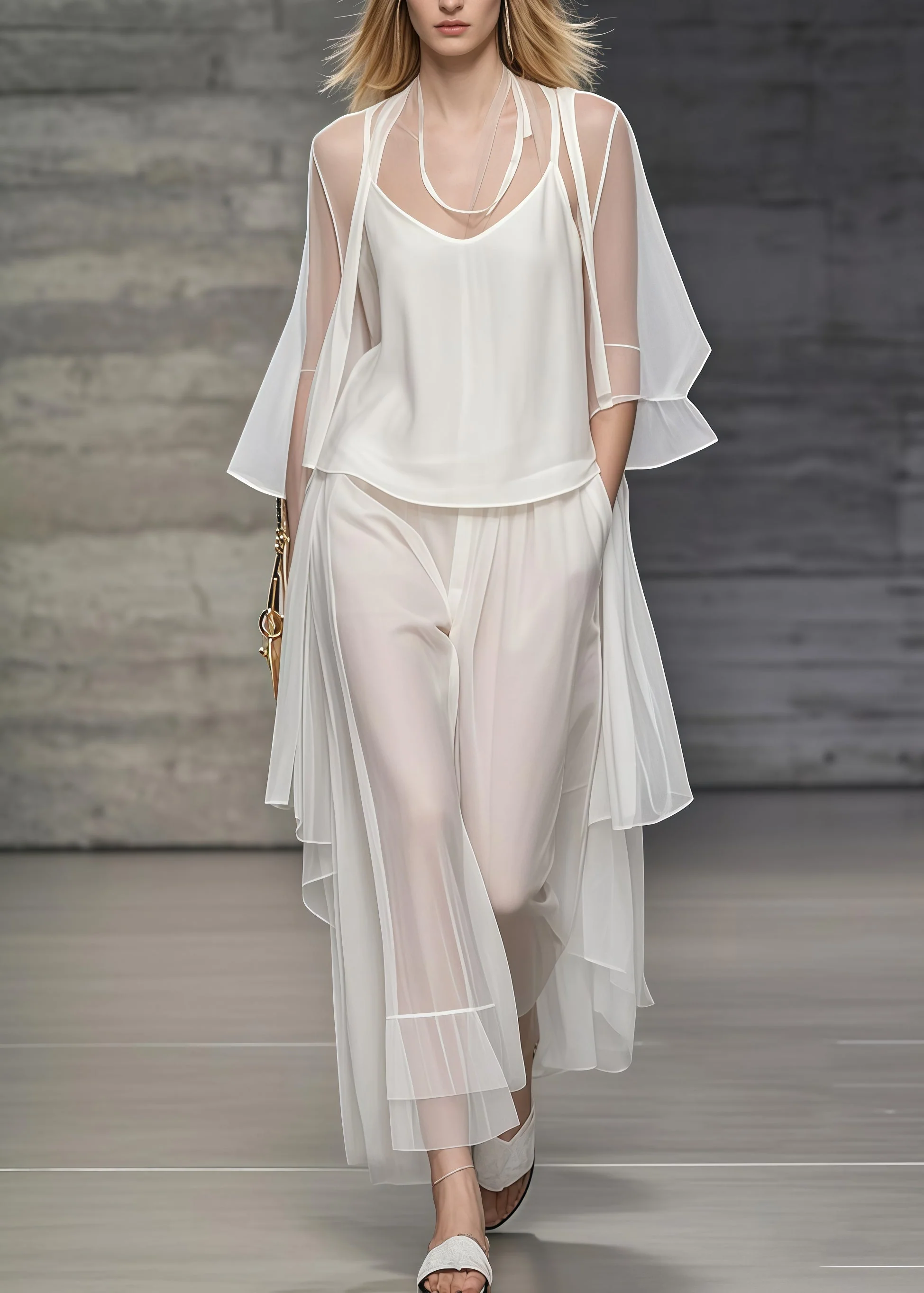 Simple White Oversized Draping Tulle Two Pieces Set Summer - Image 5