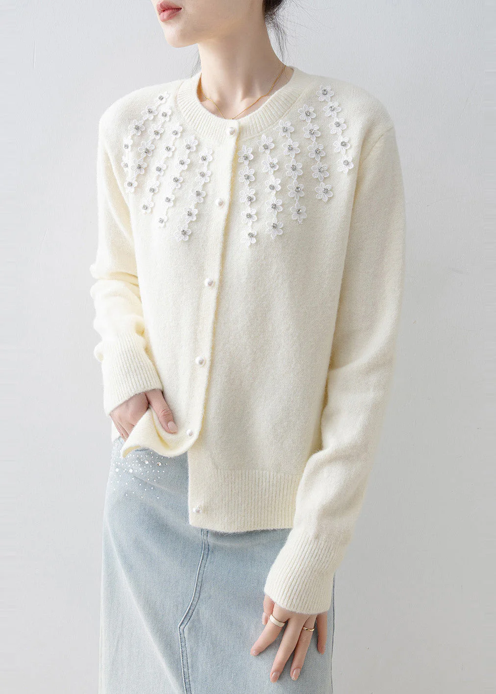 Simple White Oversized Floral Knit Cozy Cardigan Winter - Image 5