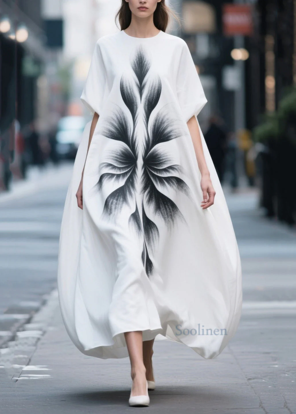 Simple White Oversized Print Chiffon Maxi Dress Summer - Image 3