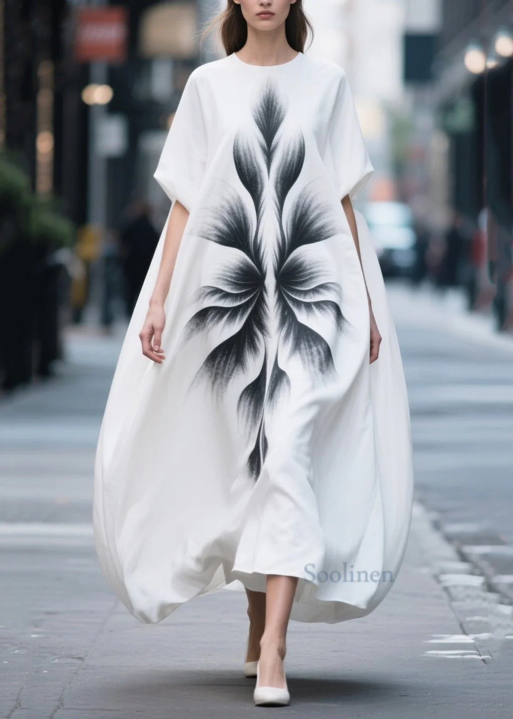 Simple White Oversized Print Chiffon Maxi Dress Summer - Image 5