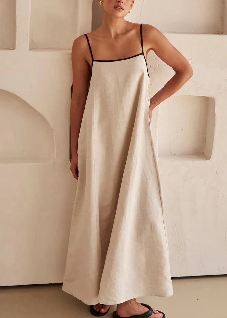 Simple White Patchwork Long Spaghetti Strap Dress Sleeveless - Image 3