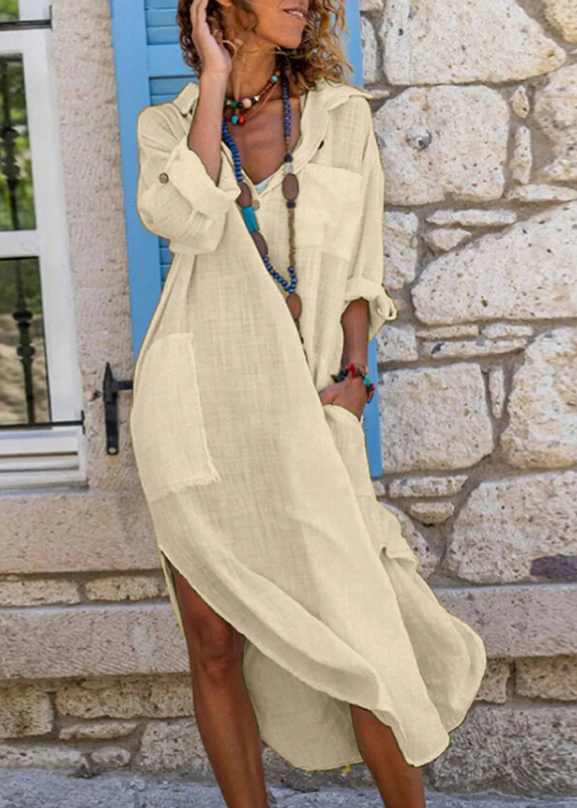 Simple White Peter Pan Collar Side Open Holiday Long Dress Fall - Image 3