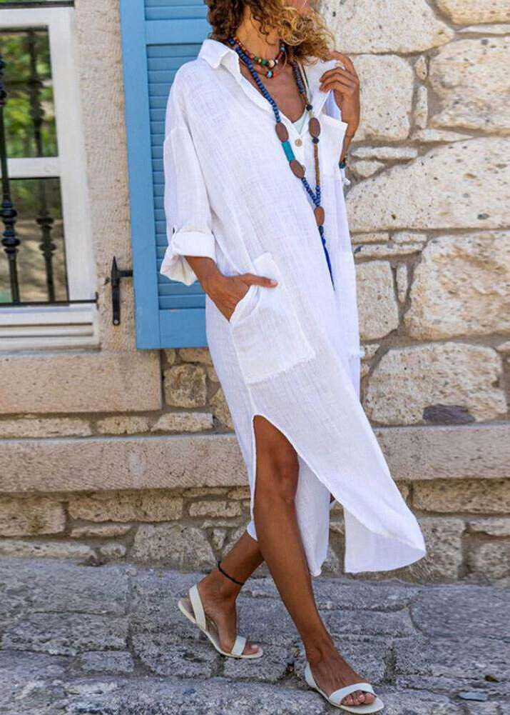 Simple White Peter Pan Collar Side Open Holiday Long Dress Fall - Image 4