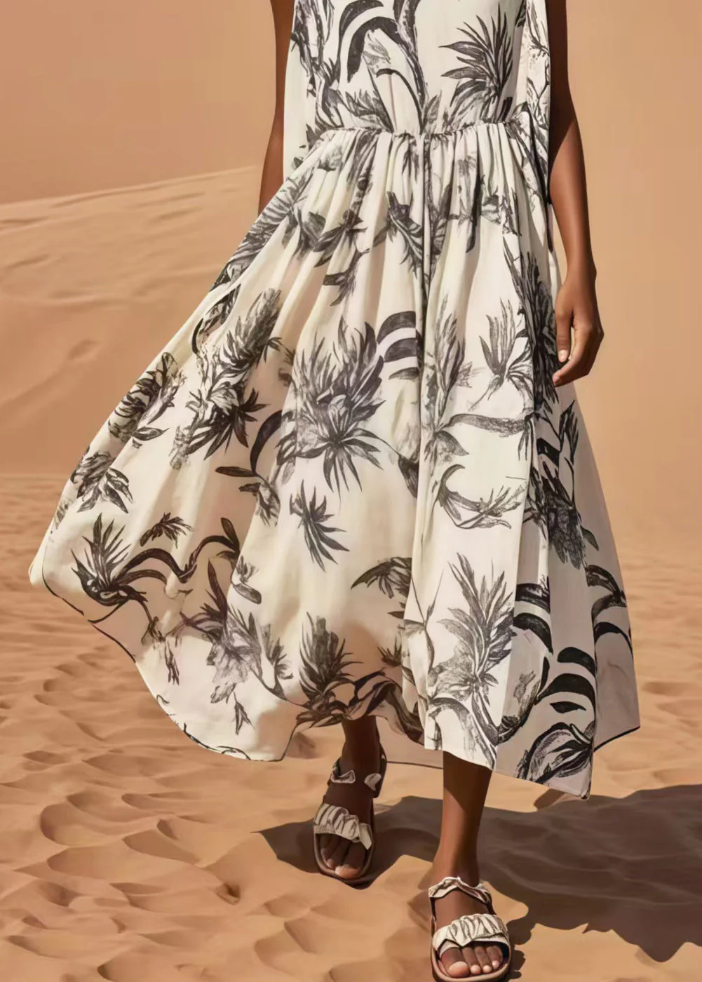 Simple White Print Exra Large Hem Cotton Long Dresses Sleeveless - Image 4