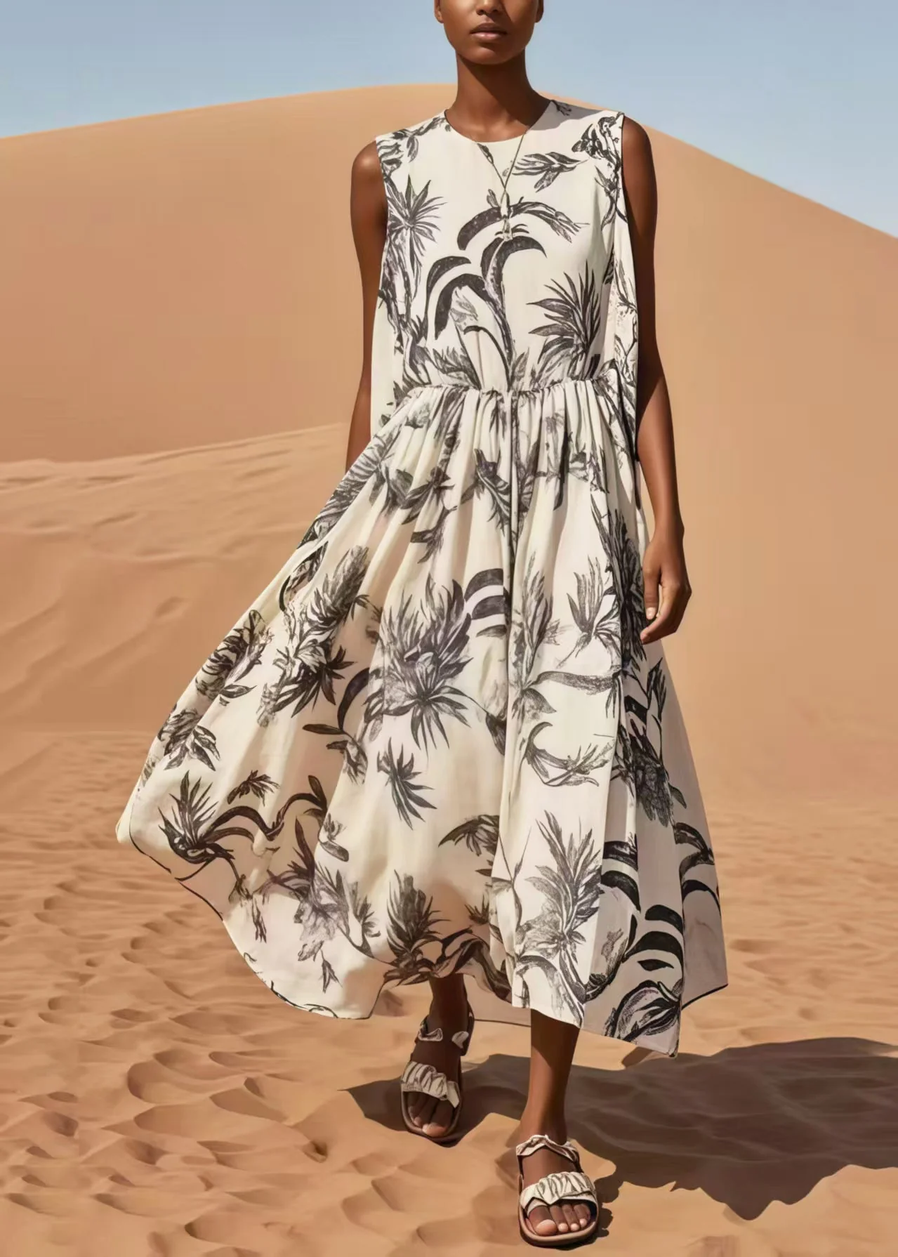 Simple White Print Exra Large Hem Cotton Long Dresses Sleeveless - Image 5