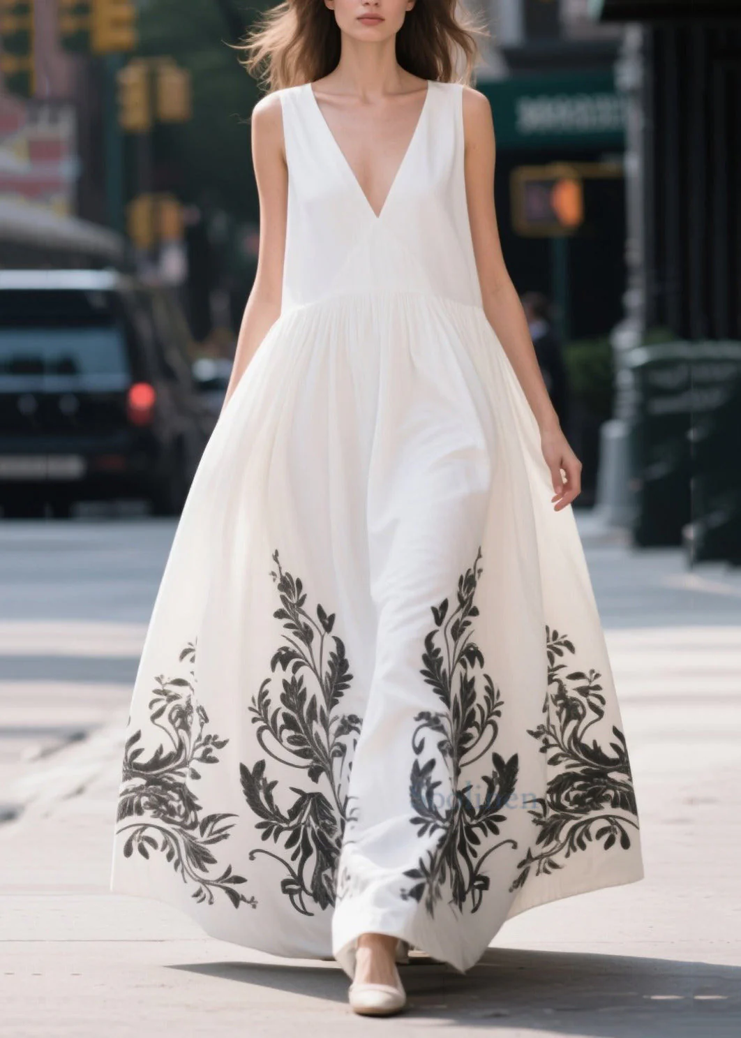 Simple White Print Exra Large Hem Cotton Party Dress Summer - Image 3