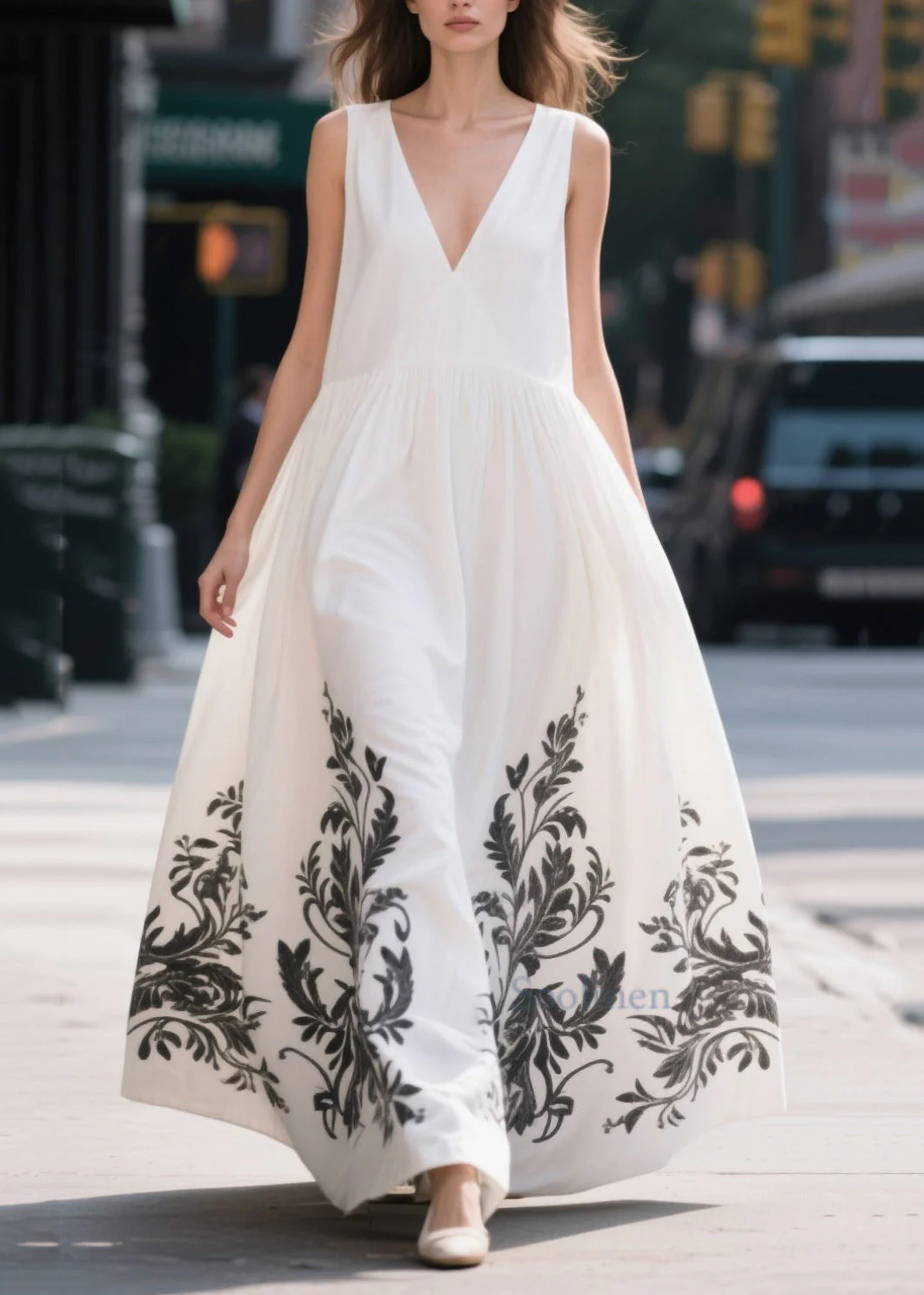 Simple White Print Exra Large Hem Cotton Party Dress Summer - Image 5