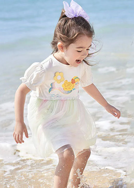 Simple White Ruffled Cartoon Print Patchwork Tulle Kids Girls Dresses Summer - Image 3