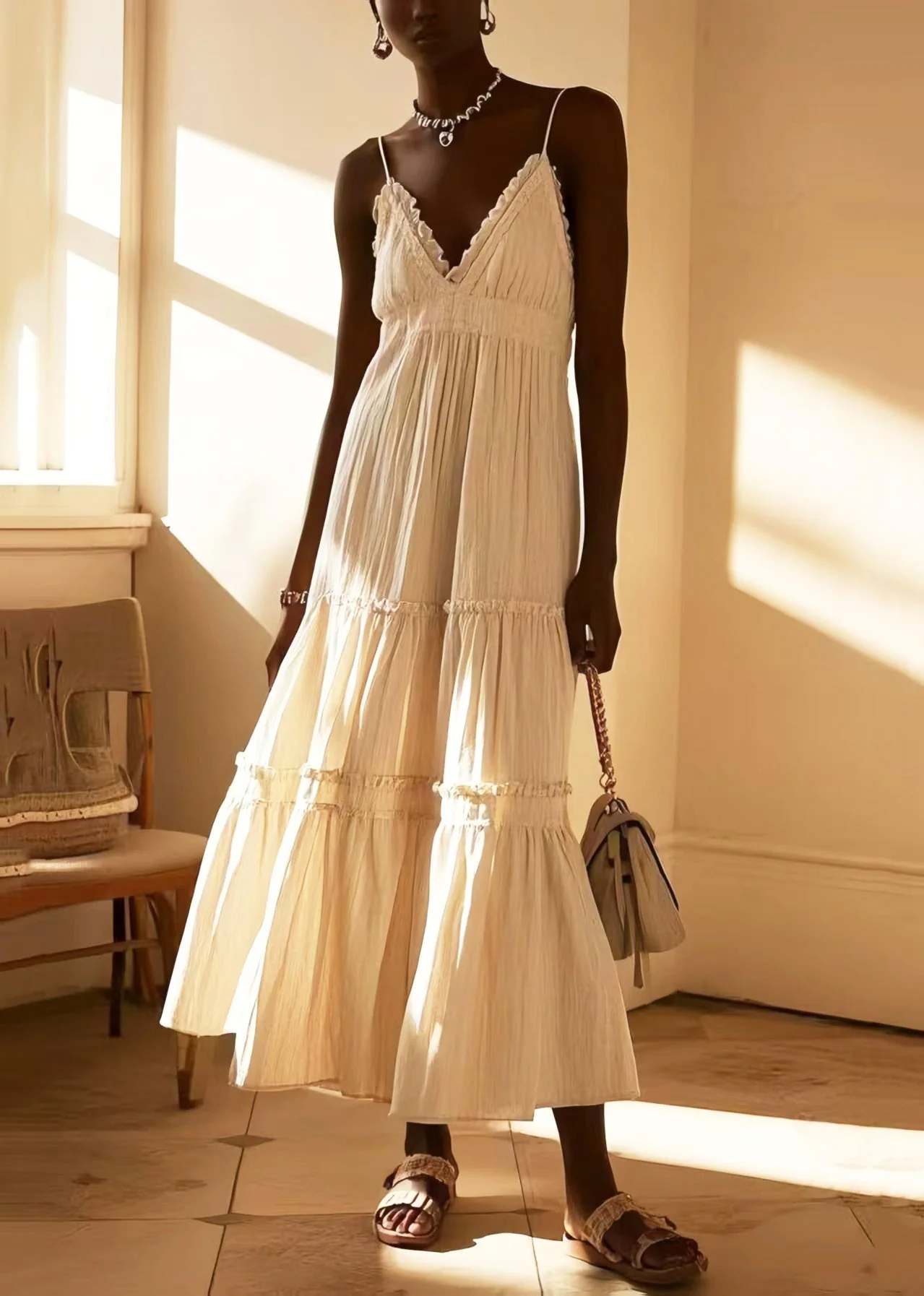 Simple White Ruffled Cotton Cami Dresses Summer - Image 3