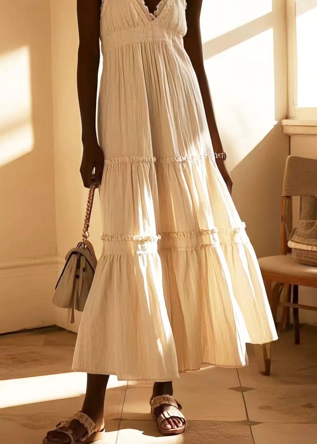 Simple White Ruffled Cotton Cami Dresses Summer - Image 4