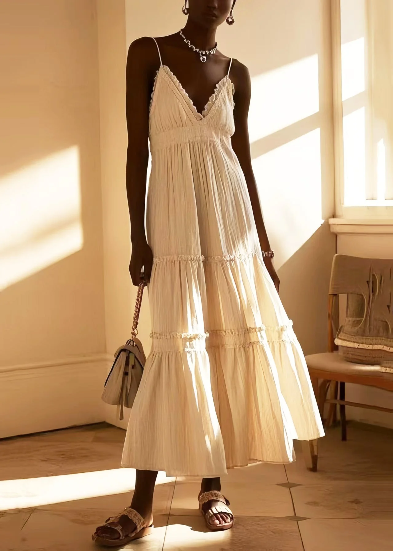 Simple White Ruffled Cotton Cami Dresses Summer - Image 5