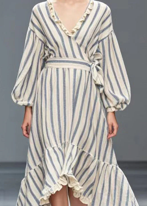 Simple White Ruffled Striped Silk Velvet Cinched Dresses Spring - Image 3